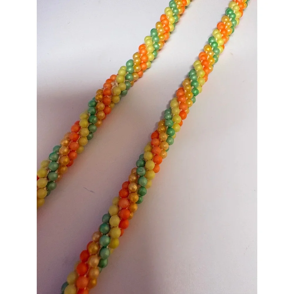 Vintage Style Orange Green Yellow Beaded Rope Necklace Spiral Seed Bead 50 Inch